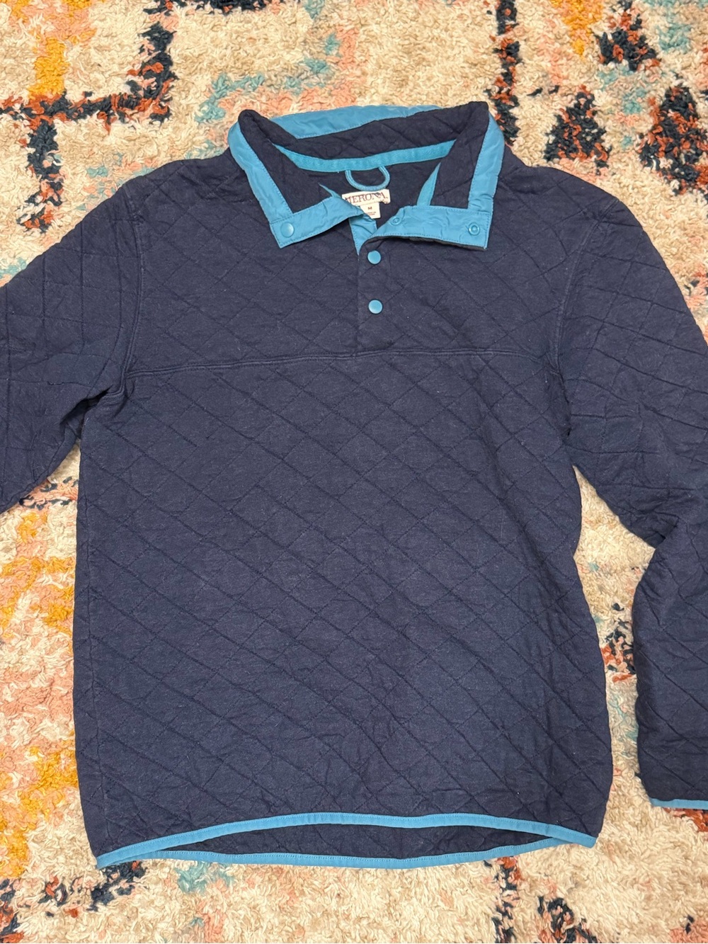 Merona Navy Quilted Pullover with Turquoise Trim – Size M